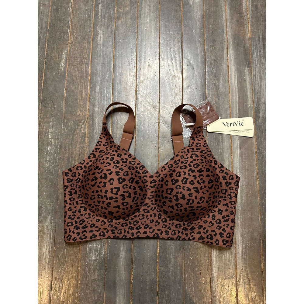 VertVie Leopard Print Seamless Wireless Push Up Bra Brown